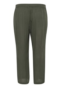 Oliivinvihreät kevyet housut, joissa on joustava vyötärö, suora lahkeidesign ja hienovarainen rypytetty pinta.