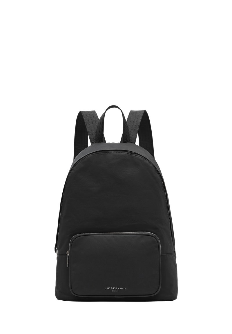 Zaino nero dalla forma arrotondata, realizzato in nylon liscio. Presenta una tasca con zip frontale e spallacci imbottiti per il comfort.