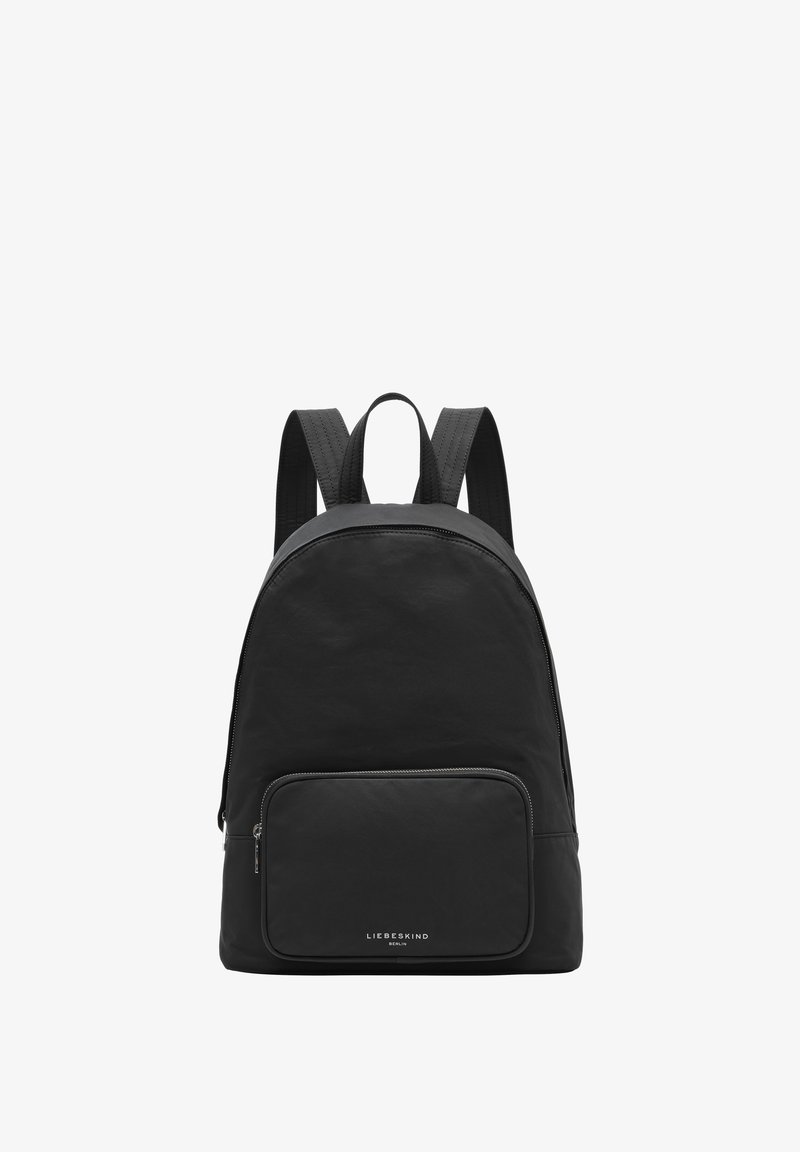 Zaino nero dalla forma arrotondata, realizzato in nylon liscio. Presenta una tasca con zip frontale e spallacci imbottiti per il comfort.