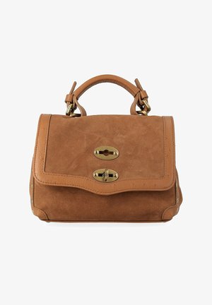 Borsa in pelle scamosciata e pelle marrone con manico superiore e due chiusure a torsione in ottone sulla patta anteriore.