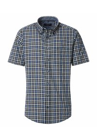 Korte mouwen overhemd met knopen in een marineblauw en crèmekleurig geruit patroon. Beschikt over een klassieke kraag en een borstzak. Stof lijkt lichtgewicht.