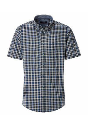 Kurzärmliges Hemd mit Knopfleiste in einem überwiegend navy und cremefarbenen Karomuster. Verfügt über einen klassischen Kragen und eine Brusttasche. Der Stoff wirkt leicht.