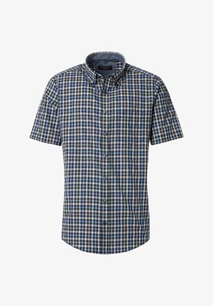 Kurzärmliges Hemd mit Knopfleiste in einem überwiegend navy und cremefarbenen Karomuster. Verfügt über einen klassischen Kragen und eine Brusttasche. Der Stoff wirkt leicht.