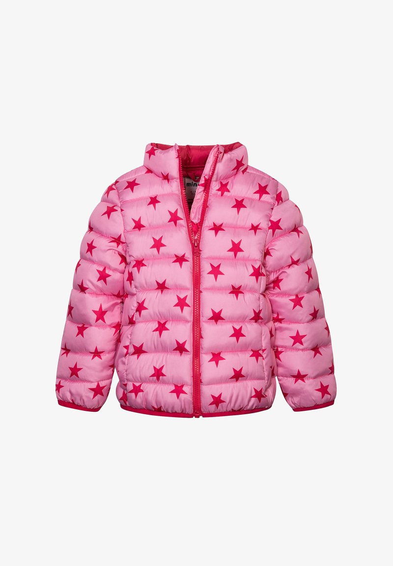 Rožinė pūkinė striukė su tamsiai rožiniu žvaigždžių raštu, užtrauktuku ir aukštu apykakle. Pagaminta iš lengvo, siuvinėjamo audinio.