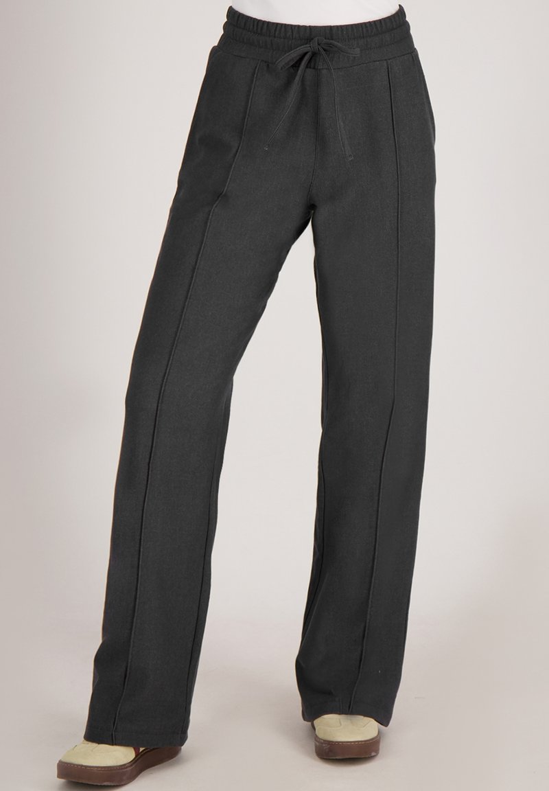 Grijze, rechte broek met een trekkoord in de tailleband en contrasterende zijnaadstiksels. Gemaakt van een zachte, gestructureerde stof.