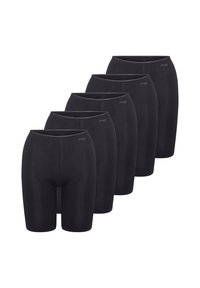 Fünf Paar schwarze Radhosen aus einem dehnbaren Stoff, mit glatter Textur und einem elastischen Bund mit Logo.