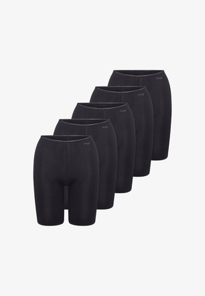 Viisi paria mustia pyöräilyshortseja, jotka on valmistettu joustavasta kankaasta. Shortsseissa on sileä pinta ja joustava vyötärönauha logolla.