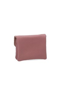 Small rectangular dusty pink leather pouch with a flap closure and textured surface against a white background.