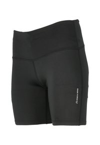 Sorte atletiske shorts lavet af strækmateriale, med en elastisk talje, flade sømme og et logo trykt i hvidt på venstre ben.