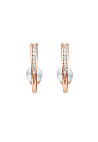 Orecchini in oro rosa con un design curvo, decorati con piccoli diamanti trasparenti lungo un bordo e una perla bianca alla base.
