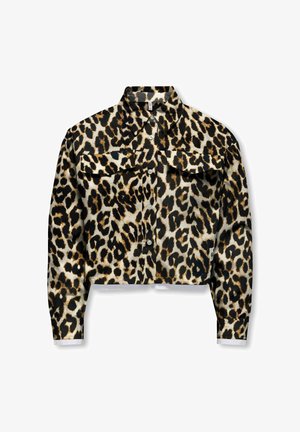 Orezaná košeľa s dlhým rukávom na gombíky s leopardím vzorom a dvoma náprsními vreckami s klapkami.