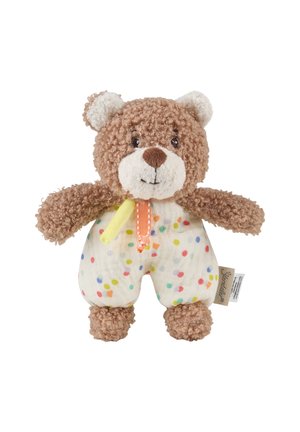 Brown curly plush teddy bear wearing white polka-dot pants with a yellow and orange ribbon on a white background.
