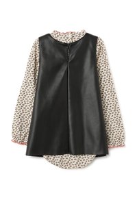 Schwarzes Kunstlederoberteil mit langen, gemusterten cremefarbenen Ärmeln, die einen pinken Leopardenprint aufweisen, und einem gerafften Ausschnitt. Mit einem Reißverschluss auf der Rückseite.
