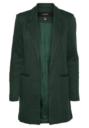 Dark green blazer made of textured fabric, featuring a notched collar, two front pockets, and a smooth inner lining.