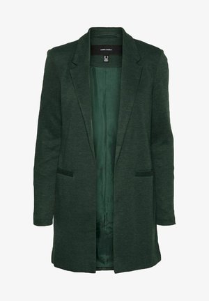 Blazer vert foncé en tissu texturé, avec un col cranté, deux poches avant et une doublure intérieure lisse.