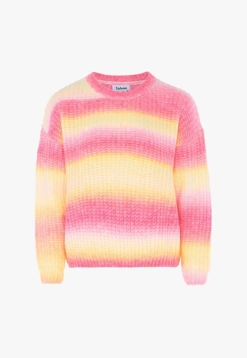 Megzta megztinis su vertikaliomis raudonomis, geltonomis ir baltomis juostelėmis. Apskritas kaklas, žemyn nusileidę pečiai ir tekstūruotas audinys su laisvu siluetu.