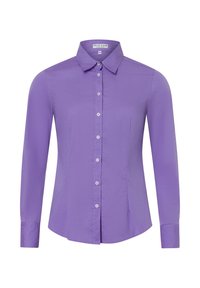 Camicia viola a maniche lunghe realizzata in tessuto morbido, con colletto, chiusura frontale con bottoni e vestibilità attillata.