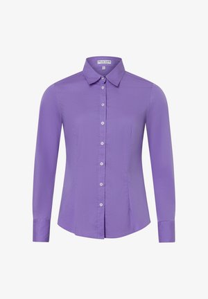 Camicia viola a maniche lunghe realizzata in tessuto morbido, con colletto, chiusura frontale con bottoni e vestibilità attillata.