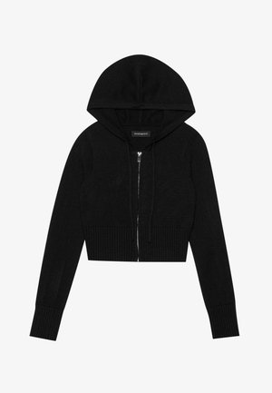 Sudadera corta negra hecha de tejido de punto texturizado. Cuenta con un cierre frontal con cremallera, dobladillo y puños acanalados, y una capucha ajustable con cordón.