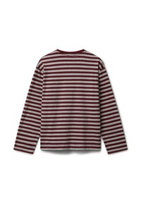 Koszula z długim rękawem w poziome bordowe i szare paski, z okrągłym dekoltem, przedstawiona z tyłu na białym tle.