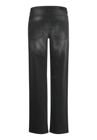 Pantaloni di jeans neri con vestibilità dritta, dotati di due tasche posteriori e una texture liscia. Nessun marchio o decorazione visibile.