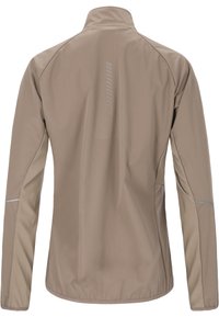 Beige, lätt jacka med hög krage, långa ärmar och reflexdetaljer; slät textur och minimalistisk design.