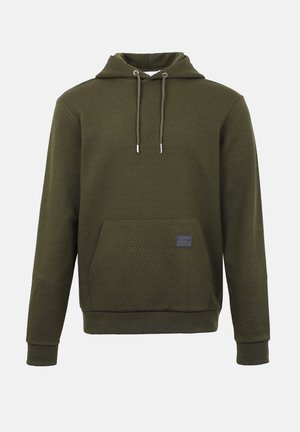 Olivengroene doorgestikte hoodie met voortere kangoeroezak, trekkoorden, geribde manchetten en een klein rechthoekig label op de zak.