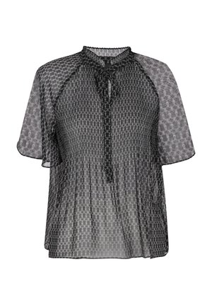 Černá průsvitná blůza s vzorovaným designem, krátkými rukávy, kulatým výstřihem a kravátkovým detailem na přední straně. Lehký materiál.