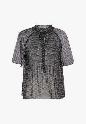 Zwarte doorschijnende blouse met een patroon, korte mouwen, een ronde halslijn en een strikdetail aan de voorkant. Lichtgewicht stof.