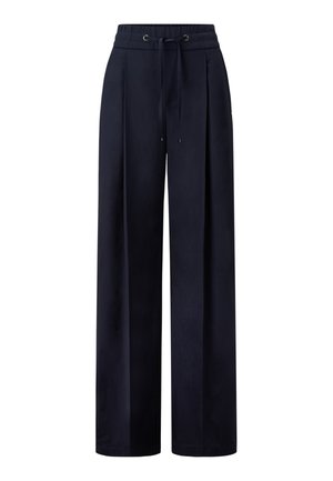 Navy wide-leg trousers made from a lightweight fabric; features a drawstring waistband and subtle front pleats for added detail.