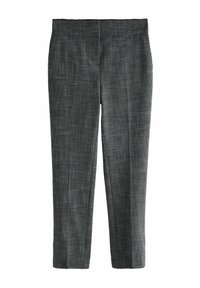 Pantalons à carreaux gris avec une coupe ajustée, présentant une coupe droite, une texture douce et une taille dissimulée.