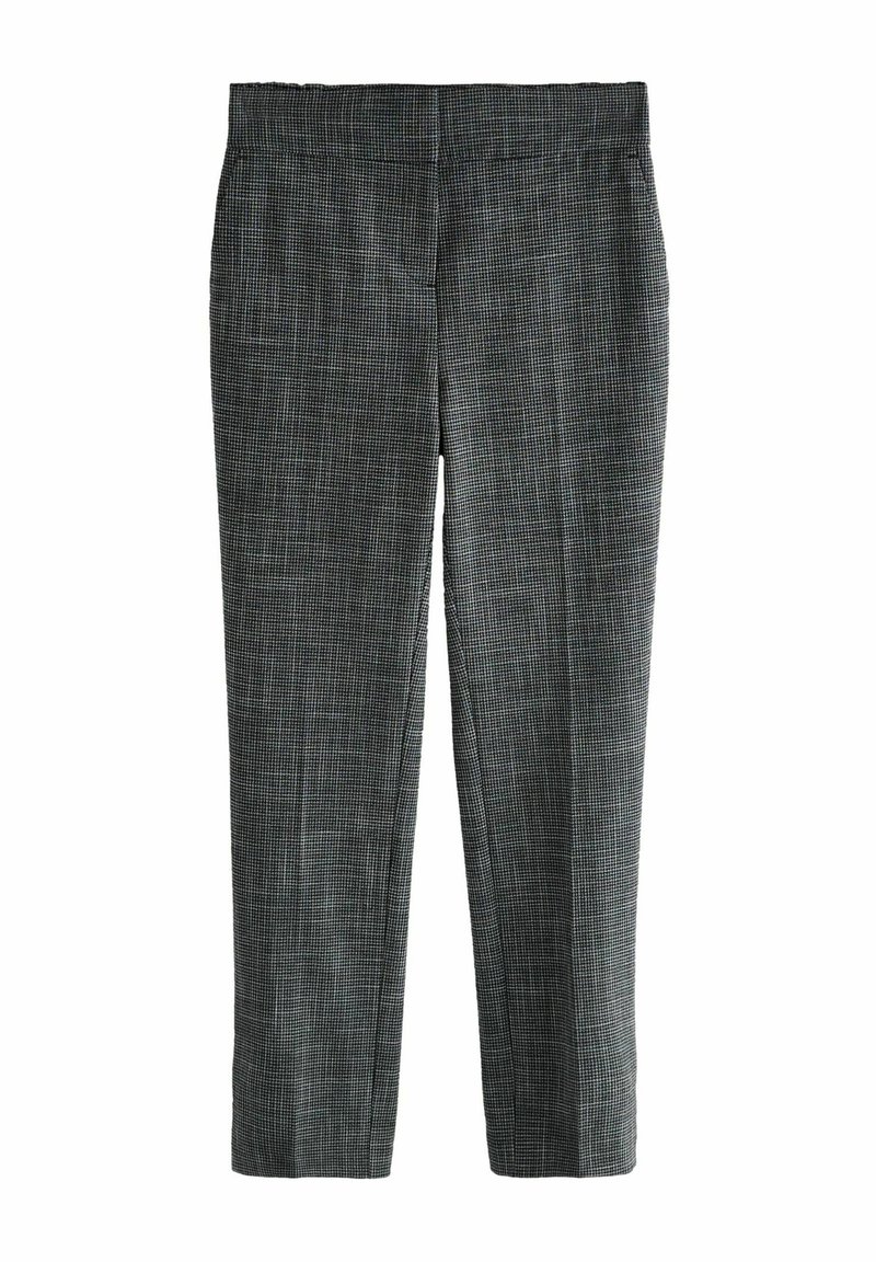 Pantalons à carreaux gris avec une coupe ajustée, présentant une coupe droite, une texture douce et une taille dissimulée.