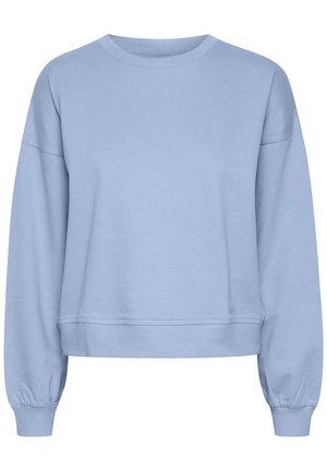 Light blue sweatshirt made of soft fabric. Features a crew neckline and long, slightly puffed sleeves. Ribbed trim at the cuffs and hem.