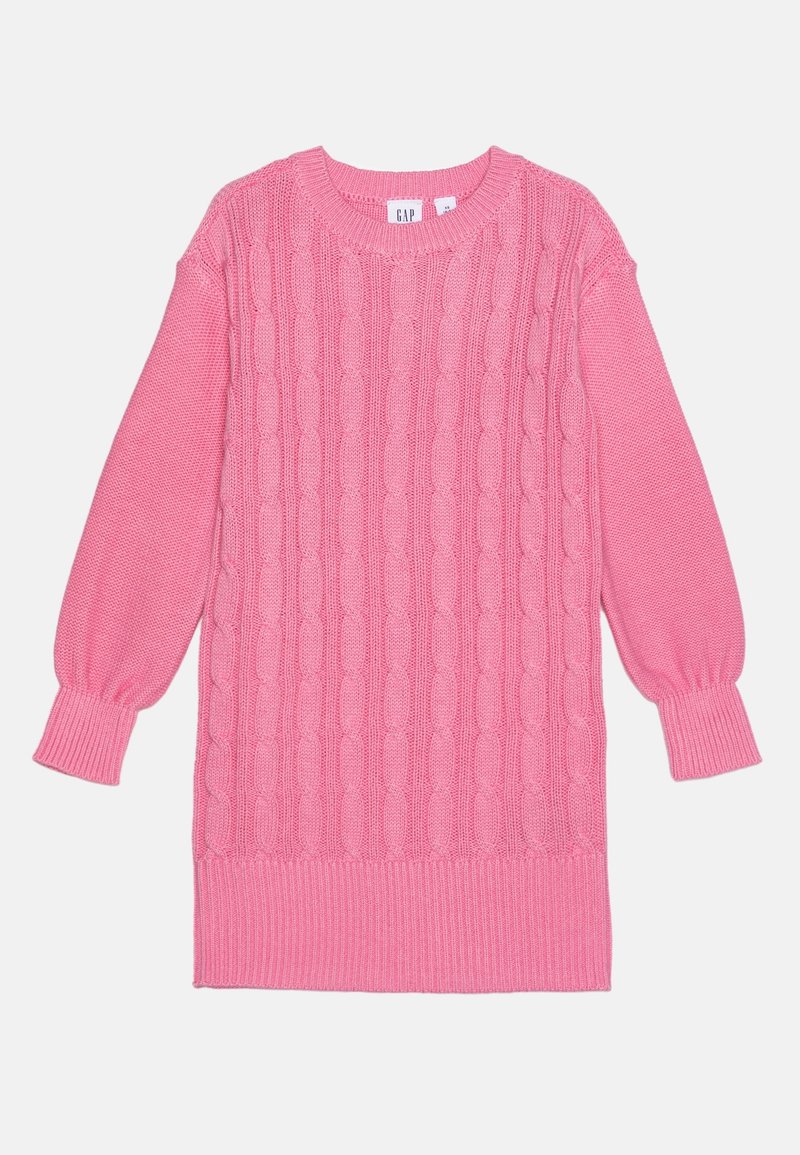 Robe-pull à manches longues en maille torsadée rose avec poignets, ourlet et encolure ronde côtelés, de la marque GAP, posée à plat sur un fond blanc.