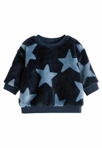 Granatowy, pluszowy sweatshirt z jasnoniebieskimi wzorami gwiazdek, okrągłym dekoltem, długimi rękawami oraz prążkowanymi mankietami i dołem.