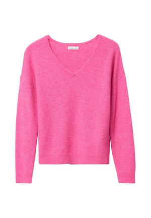 V-hals trui met lange mouwen in felroze. Gemaakt van zacht gebreid materiaal met een losse pasvorm en geribde zoom en manchetten.