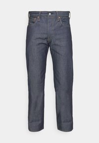 Mörkblå denimjeans med rak benform, synlig söm, fem fickor och knappstängning. Strukturerad tyg med en jämn yta.
