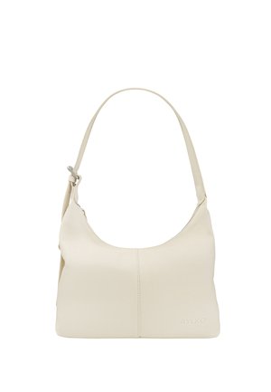 Biała skórzana torba na ramię z zaokrąglonym wierzchem i płaskim spodem. Charakteryzuje się subtelnymi przeszyciami i logo w prawym dolnym rogu.
