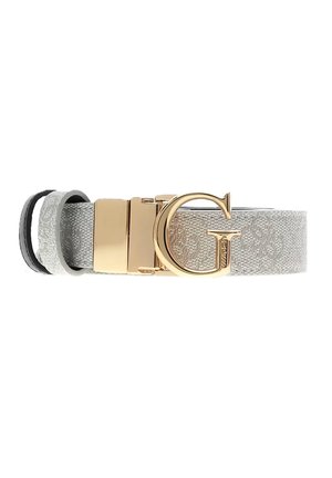 Cintura grigio chiaro con texture, con una grande fibbia "G" dorata e una chiusura coordinata in oro, design di Guess.