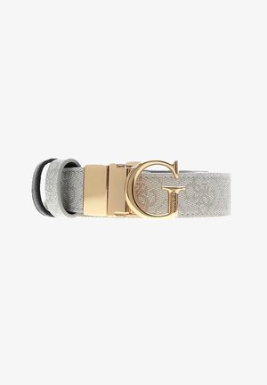 Cintura grigio chiaro con texture, con una grande fibbia "G" dorata e una chiusura coordinata in oro, design di Guess.