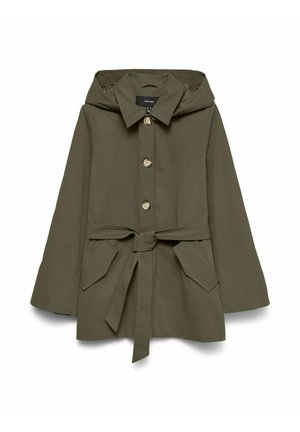 Manteau à capuche vert olive avec boutons sur le devant, ceinture à la taille et poches à rabat, conçu pour une coupe ample et confortable.