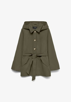 Olívazöld kapucnis kabát elöl gombokkal, derékszíjjal és lehajtható zsebekkel, laza, kényelmes viseletre tervezve.