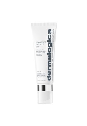 Peeling Powerbright Dark Spot di Dermalogica in un tubo bianco con dettagli argentati. Le informazioni includono "12% AHA + PHA" e l'uso per l'iperpigmentazione.