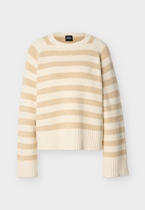 Beež ja kreemikas horisontaalselt triibuline soonikkoes kampsun pikkade varrukate ning soonikkoes mansettide ja äärega, ümar kaelusega.