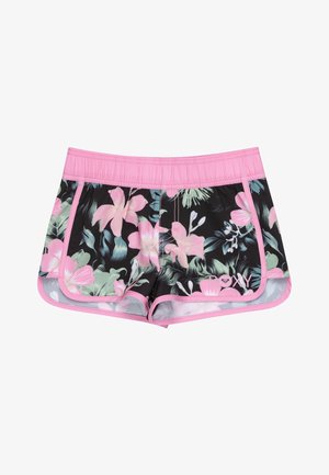 Schwarze Blumen-Badeshorts mit pinken Akzenten, die ein Blumenmuster in grünen und pinken Farbtönen aufweisen, einen elastischen Taillenbund und ein Logodetail haben.