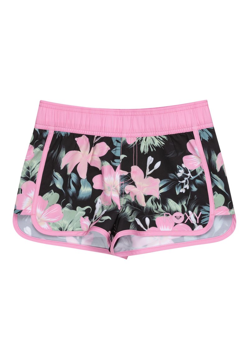 Zwarte bloemen zwemshorts met roze accenten, met een bloemmotief in groene en roze tinten, een elastische tailleband en logo detail.