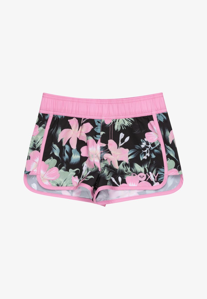 Čierne kvetinové plavky s ružovými akcentmi, s kvetinovým vzorom v zelených a ružových odtieňoch, elastickým pásom a detailom loga.