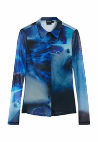 Long-sleeve button-up shirt in sheer fabric, featuring a blue abstract graphic print with facial elements, a classic collar, and front buttons.