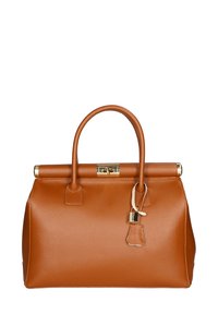 Borsa a mano in pelle marrone con un design strutturato, manici superiori, hardware dorato e un dettaglio con lucchetto sulla parte anteriore. Finitura testurizzata.