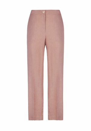 Helle rosa Leinenhose mit geradem Schnitt. Sie verfügt über einen einzelnen Knopfverschluss und einen Bund, hat eine glatte Textur und keine sichtbaren Muster.